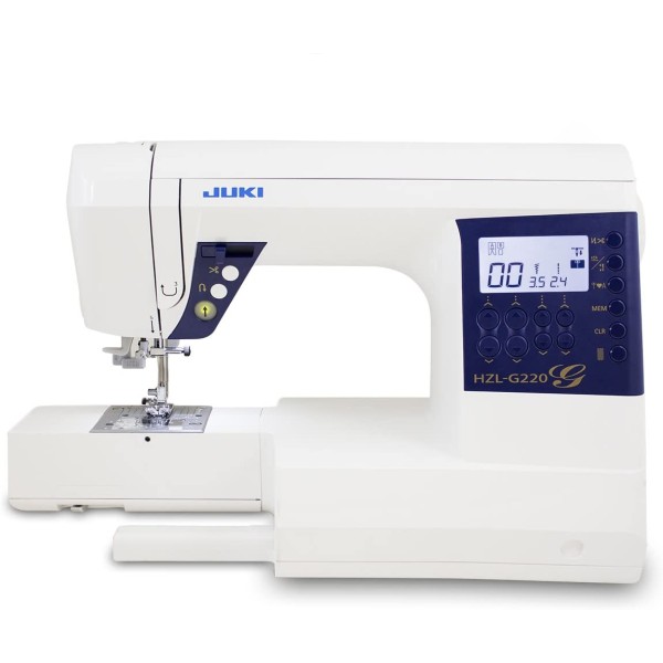 Masina de cusut de uz casnic, controlata de computer, cu afisaj LCD luminos, functie de taiere automata a firului si 180 de modele, inclusiv un font de litere. JUKI HZL-G220
